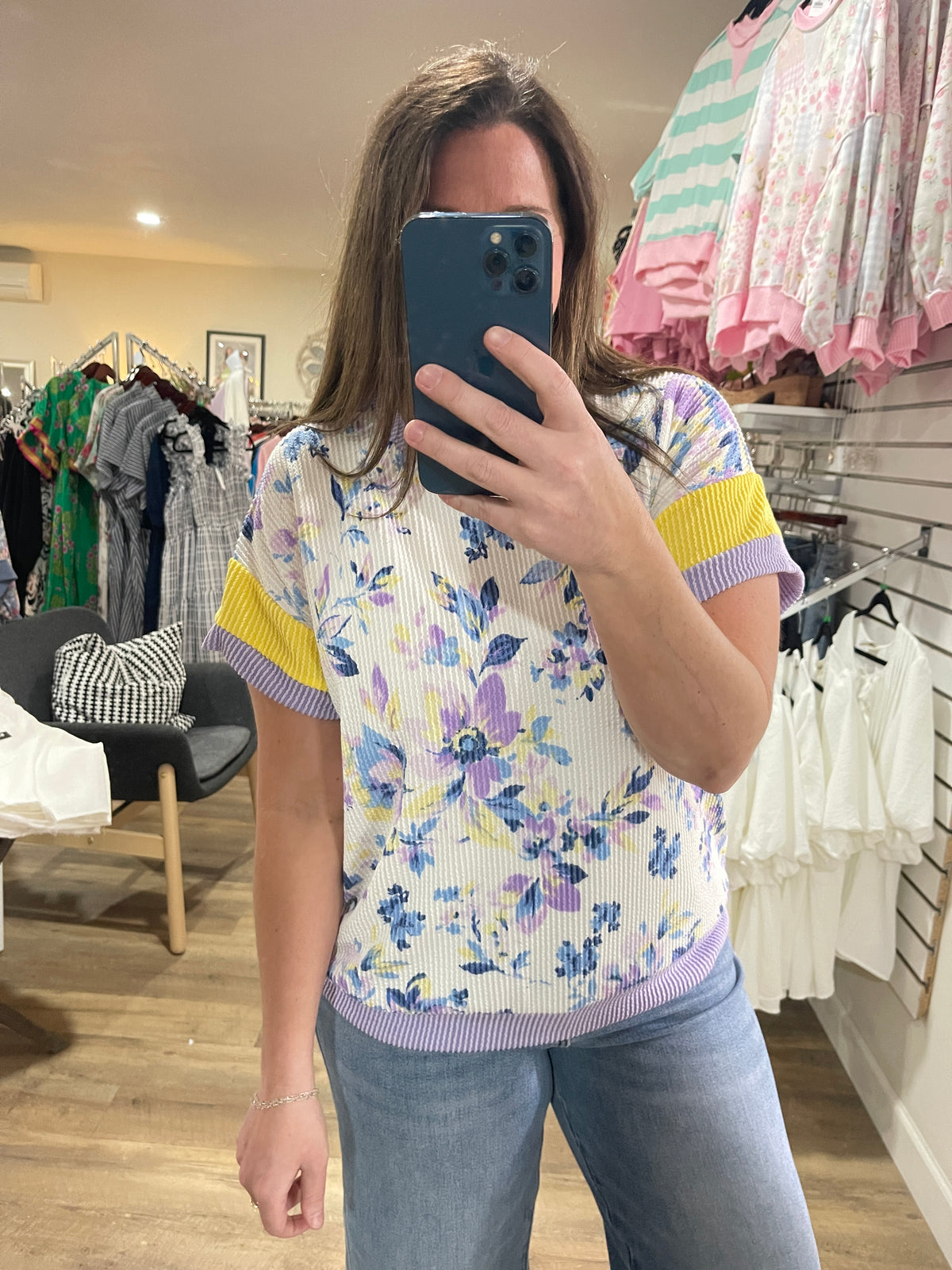 WHITE/BLUE/LAV/YELLOW FLORAL RAISED RIBBED KNIT TOP
