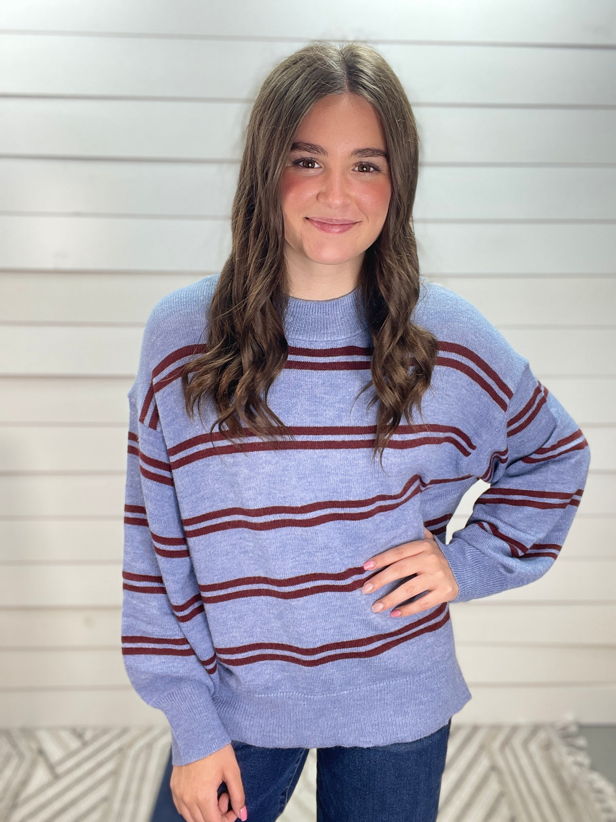 Dusty Blue Striped Soft Ligth Weight Sweater