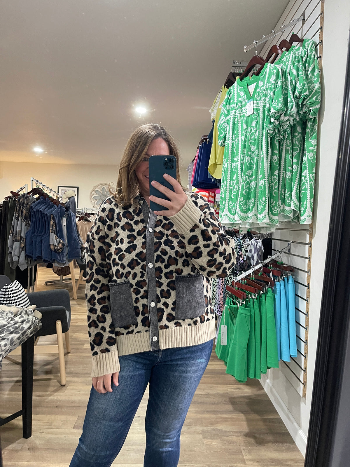 TAUPE/CHARCOAL LEOPARD PRINT BUTTON DOWN SWEATER W/ DENIM TRIM
