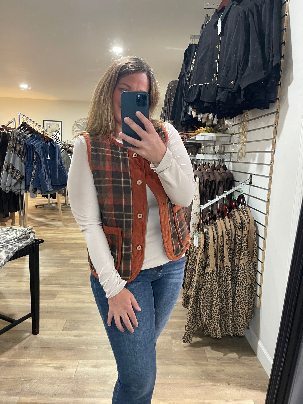 RUST/BROWN Crew Neck, Button Down, Patch Pockets, Corduroy/Plaid Vest