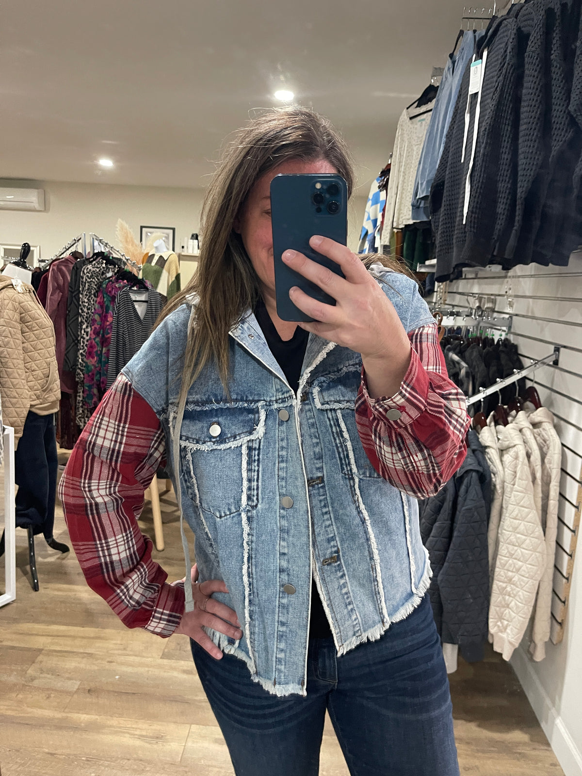 DENIM JACKET W/ PLAID SLEEVES AND REMOVEABLE HOOD