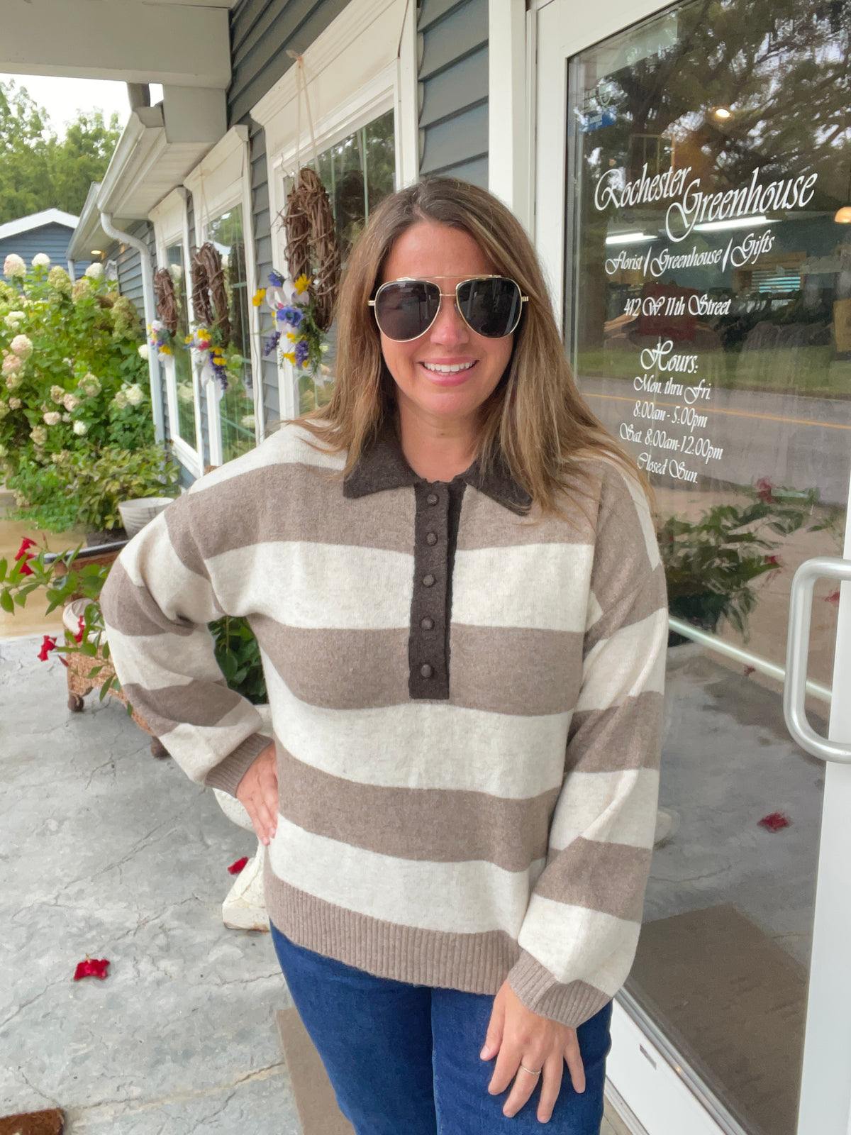 MOCHA/CREAM Heathered Stripe Polo Collar Long Sleeve Sweater