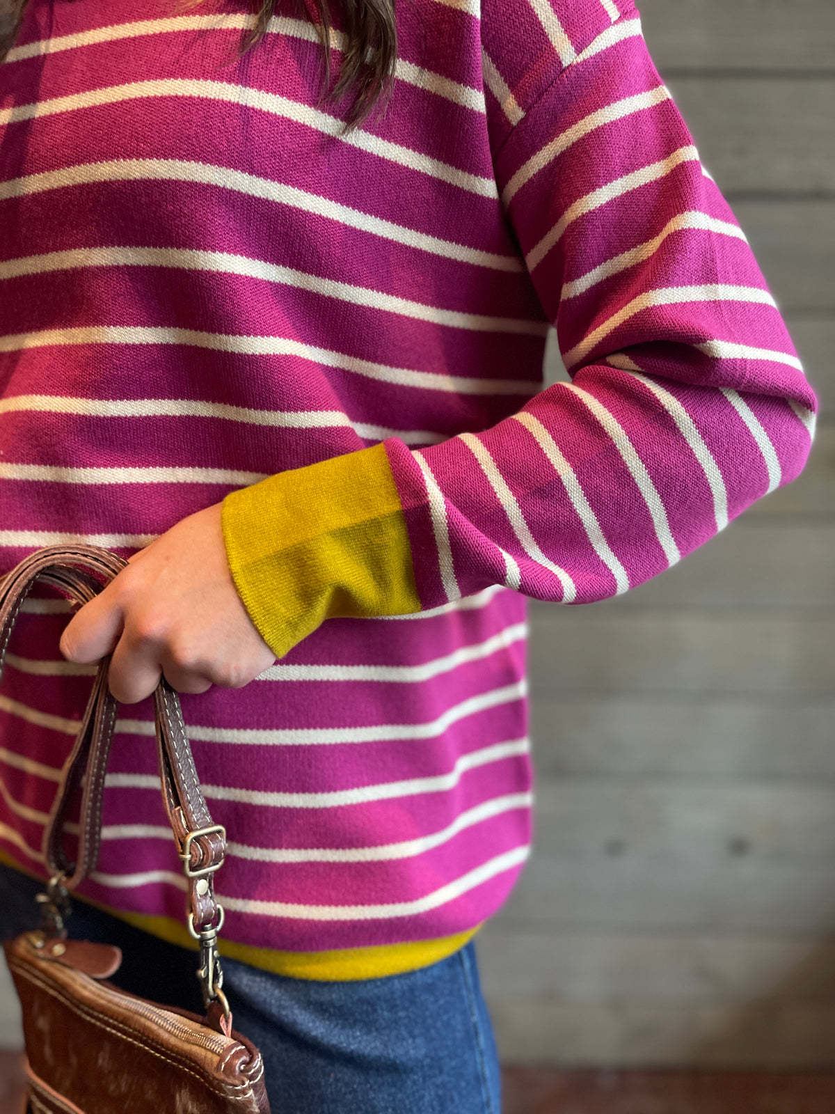 MAGENTA Color Contrast Crew Neck Long Sleeve Striped Sweater