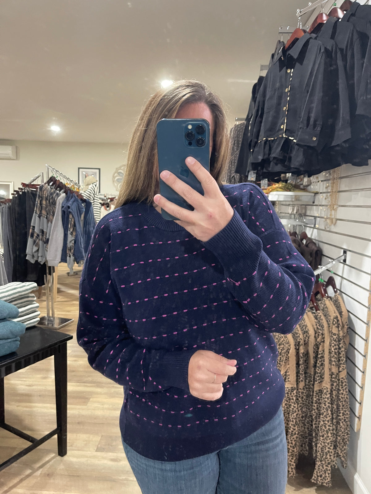 NAVY/FUSCHIA Texture Striped Crew Neck Long Sleeve Pullover Sweater