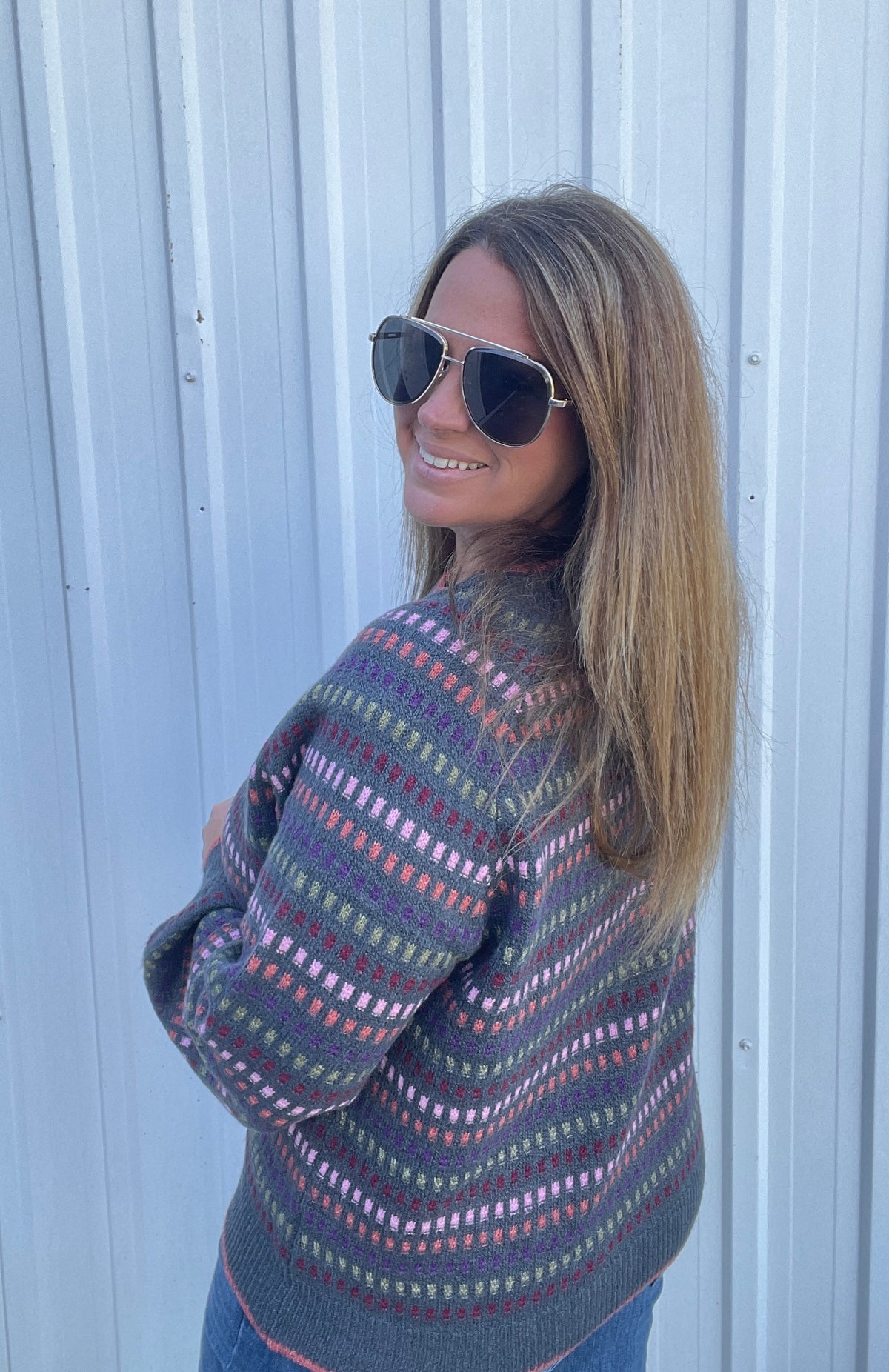 GUN METAL Multi Color Texture Striped Crew Neck Long Balloon Sweater