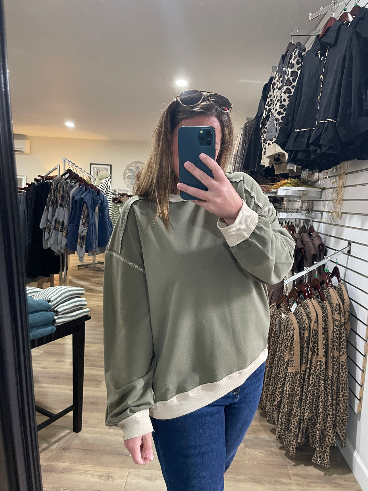 Olive Exposed Seam Contrast Trim Knit Top
