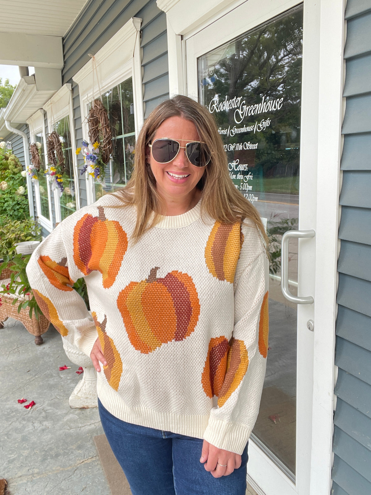 IVORY/RUST Round Neck Drop Shoulder Long Sleeve Pumpkin Jacquard Sweater Top