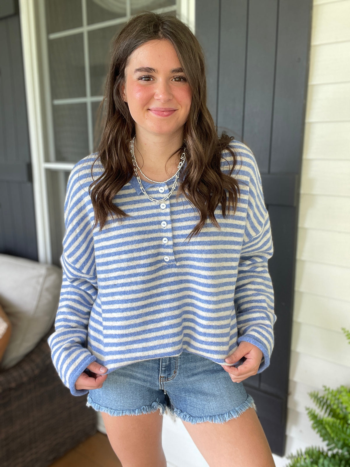 BLUE ROLLED EDGE BUTTON HENLEY STRIPED SWEATER