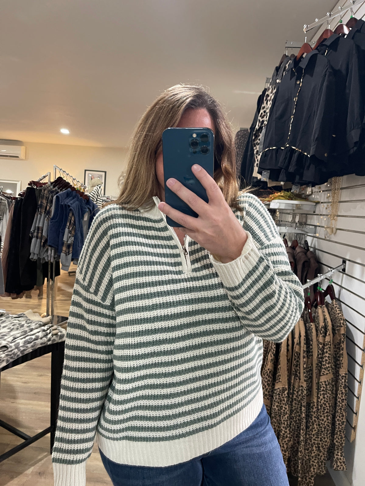 Dark Sage Half Zip Mock Neck Striped Pullover Sweater