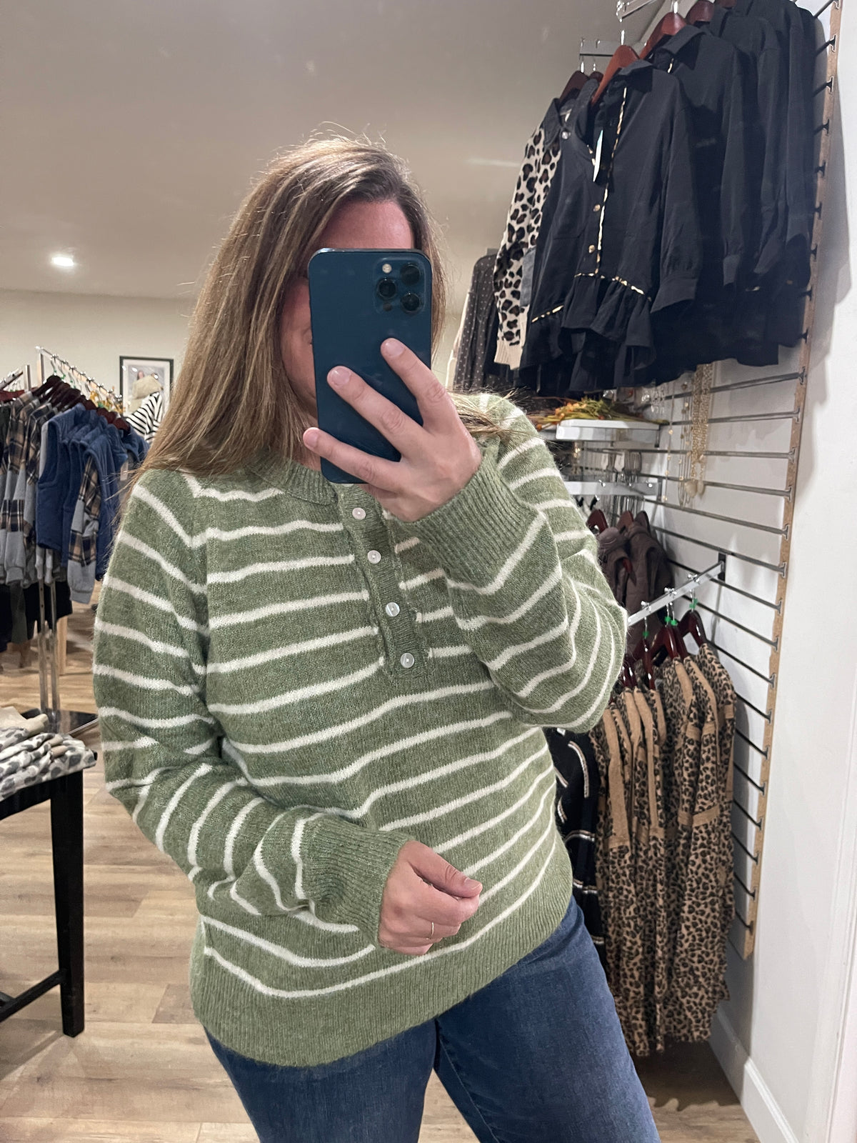 DARK SAGE Striped, Half Buttons, Raglan Sleeve, Pullover SWEATERS