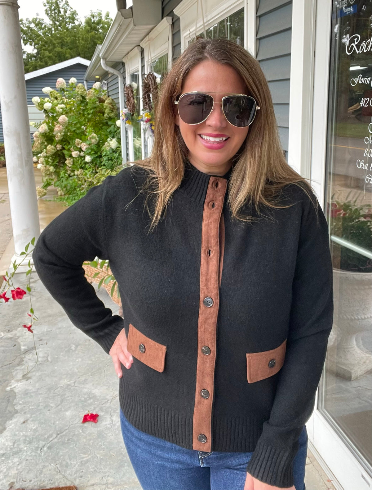 Black Mock Neck Suede Trim Button Down Sweater Jacket