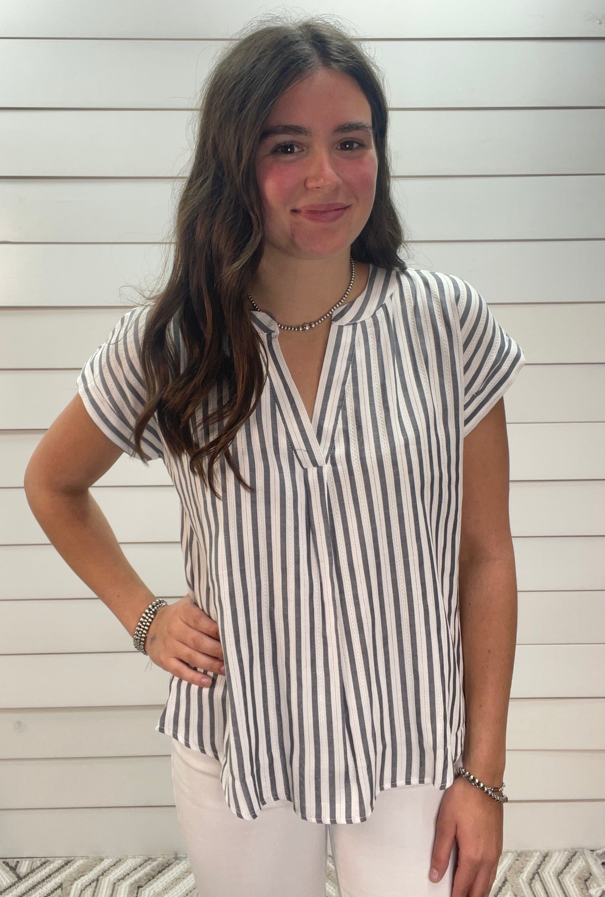 WHITE/DARK GREY STRIPED V NECK BACK BUTTON WOVEN TOP