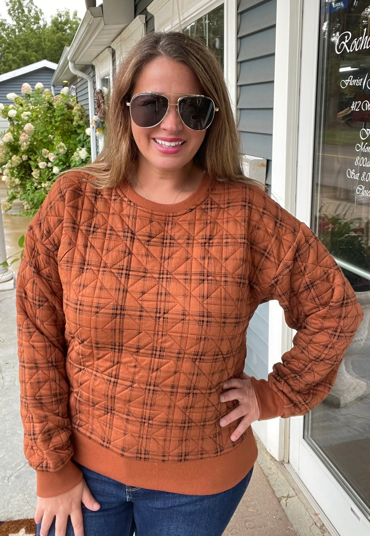 PUMPKIN Printed Quilted Pullover Crew Neck Knit Top, Rib Banded