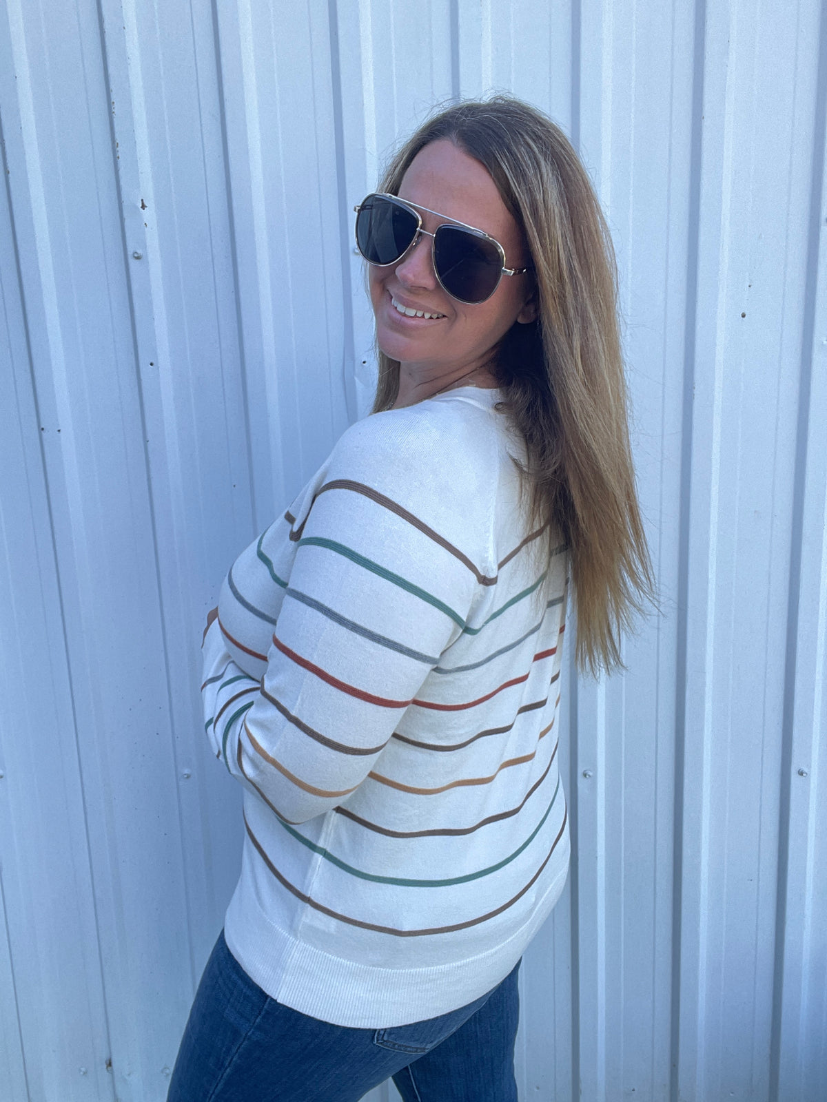 Ivory Multi Color Stripe Half Buttons Raglan Sleeve Pullover Knit