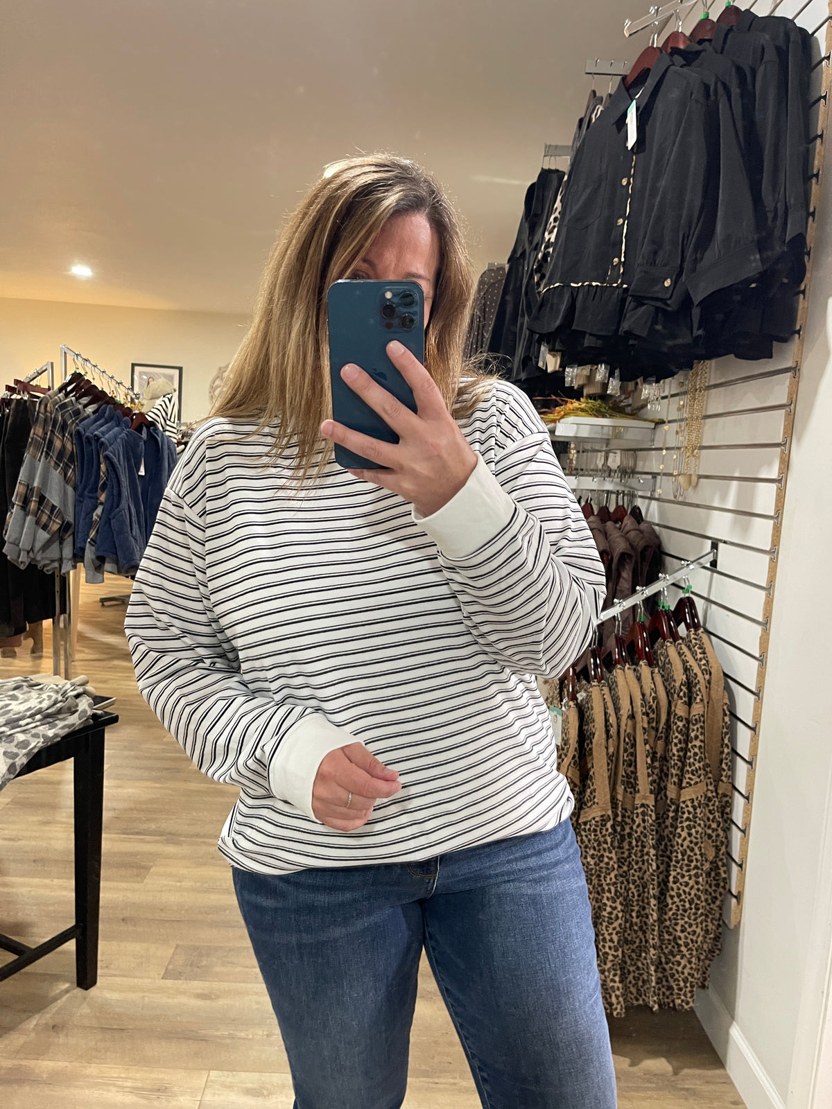 WHITE/BLACK BRUSHED BUTTER SOFT STRIPED KNIT TOP