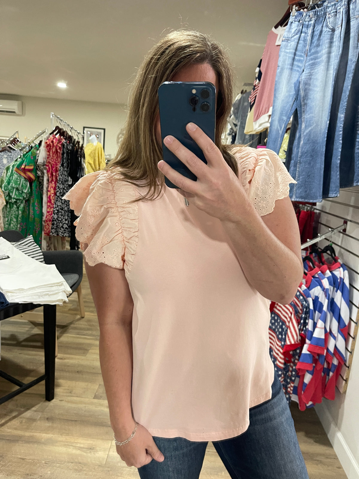 BLUSH KNIT CROCHET RUFFLE SLEEVE SHORT SLEEVE TOP