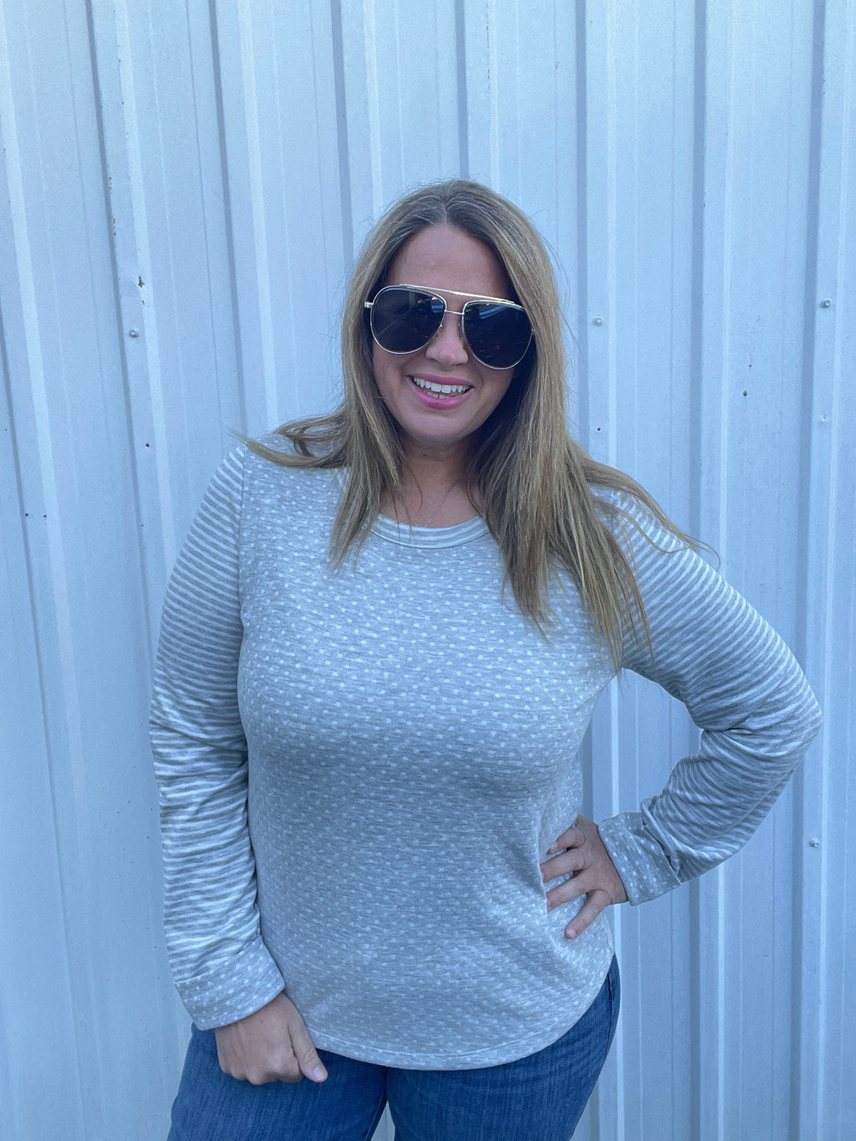 HEATHER GREY Crew NECK, Long Sleeve Polka Dot And Stripe Mixed Knit Top