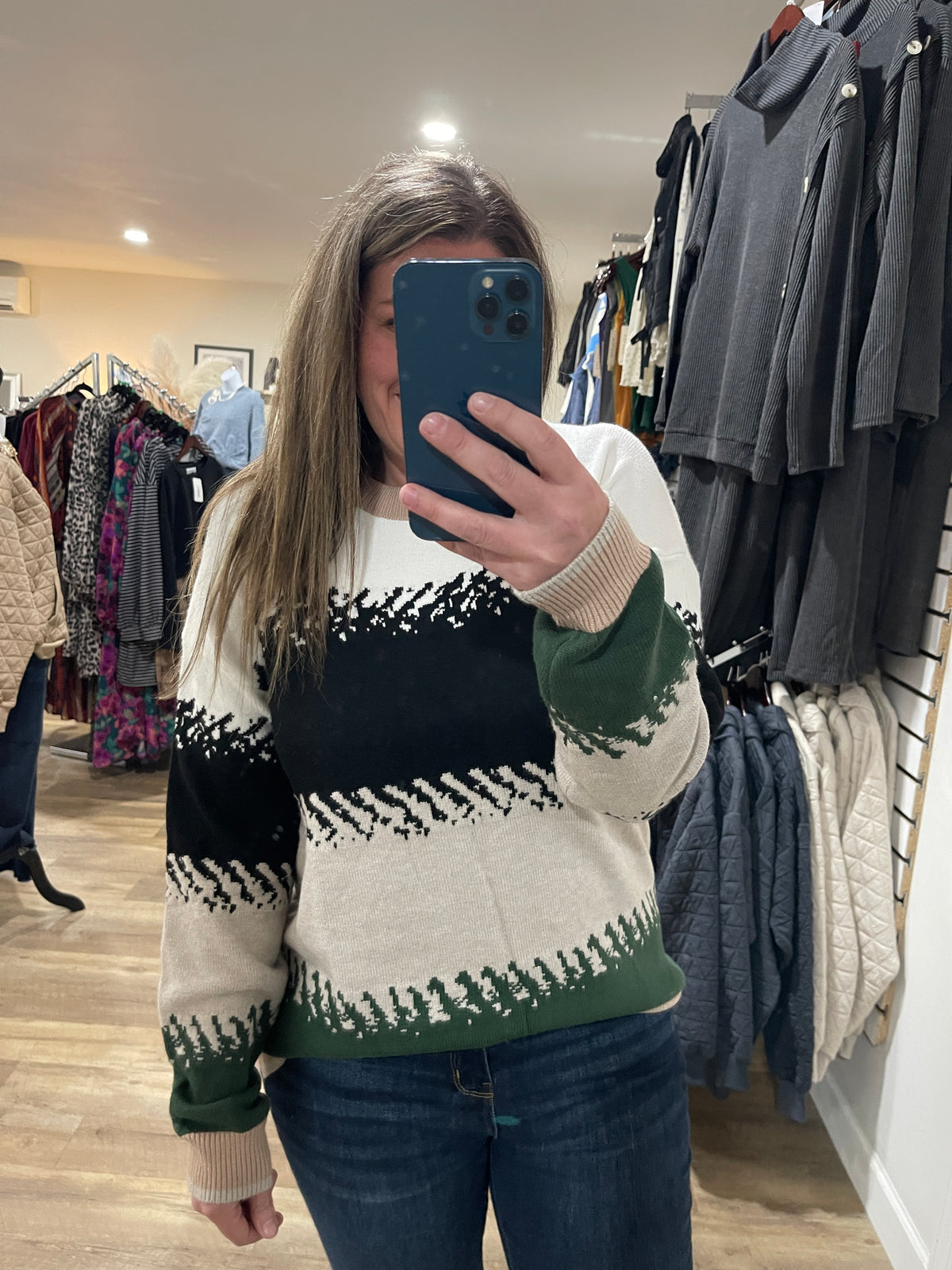 CREAM/BLACK/TAUPE/GREEN COLORBLOCK KNIT PULLOVER SWEATER