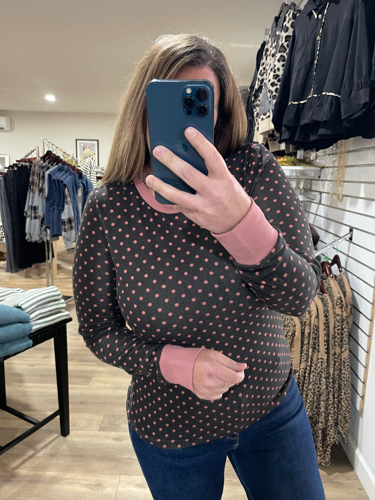 BROWN/PINK Crew Neck, Long Sleeve, Polka Dot Printed Hacci Top