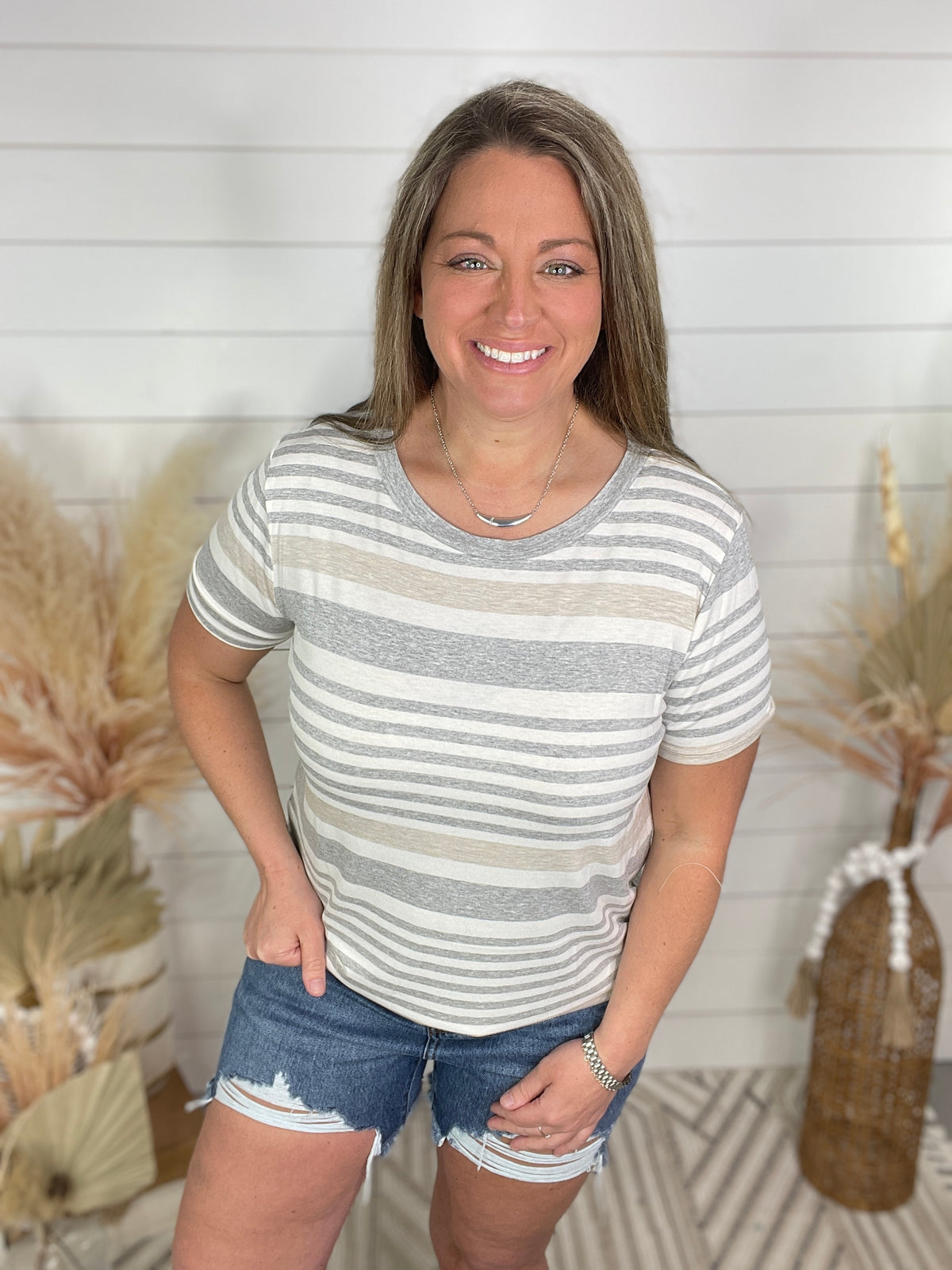 GREY/TAUPE STRIPED KNIT TOP
