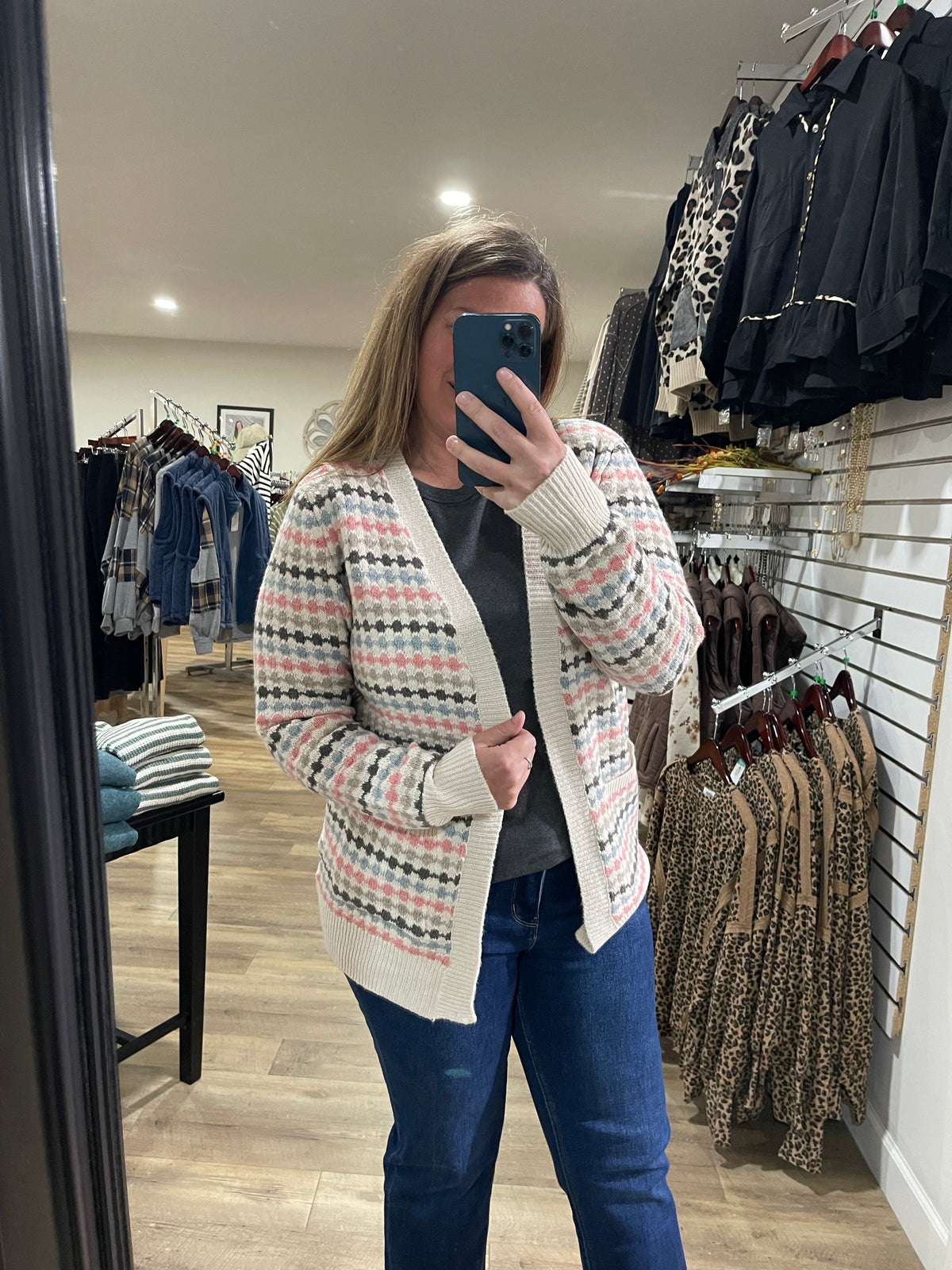 PINK/TAUPE Multi Color Texture, Open Front Sweater Cardigan