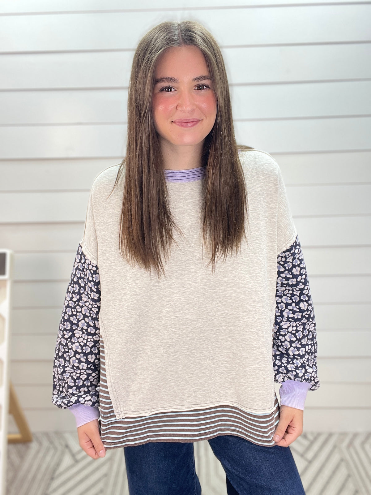 LT HEATHER GREY MIXED CONTRAST OVERSIZED FRENCH TERRY PULLOVER