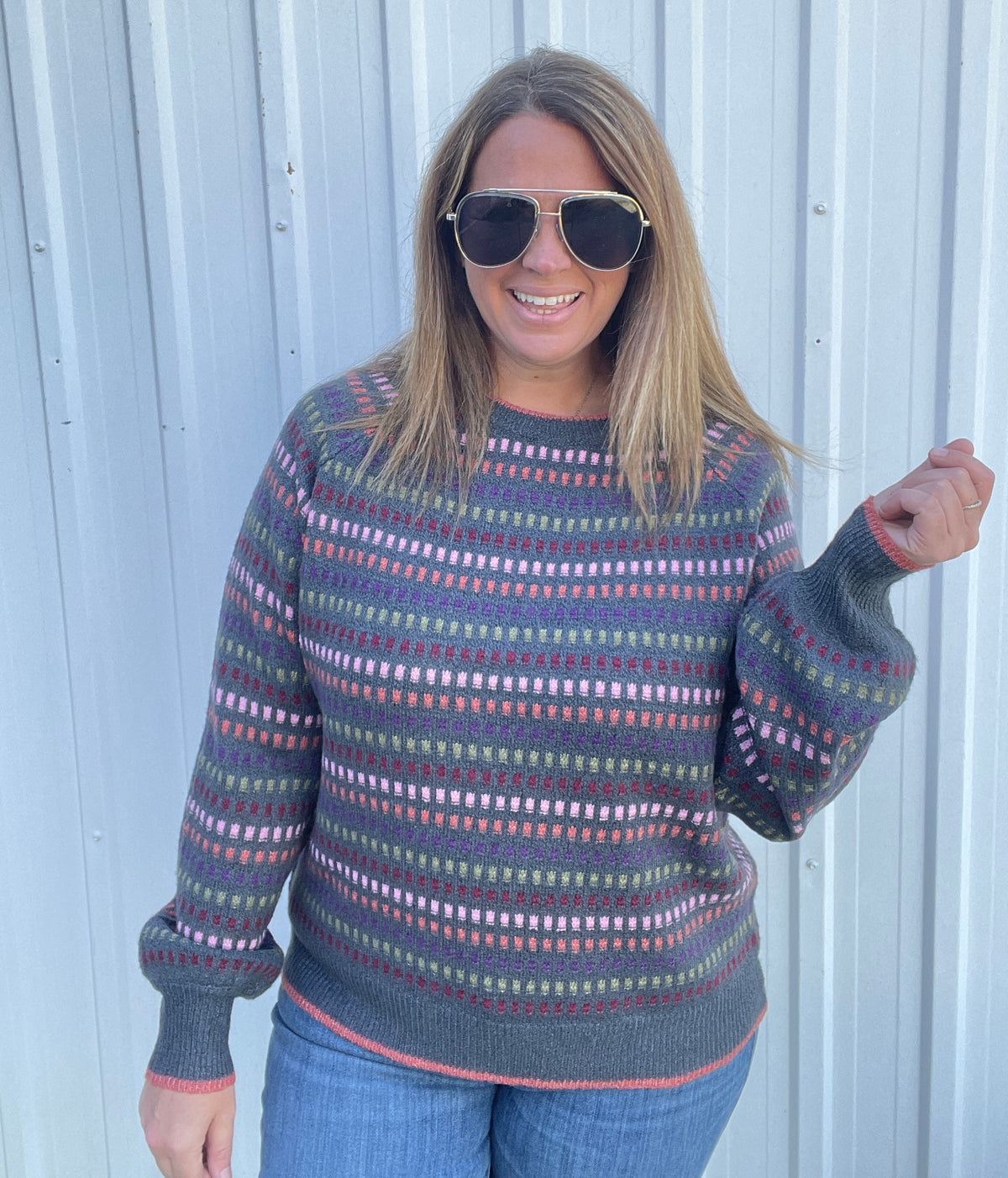 GUN METAL Multi Color Texture Striped Crew Neck Long Balloon Sweater