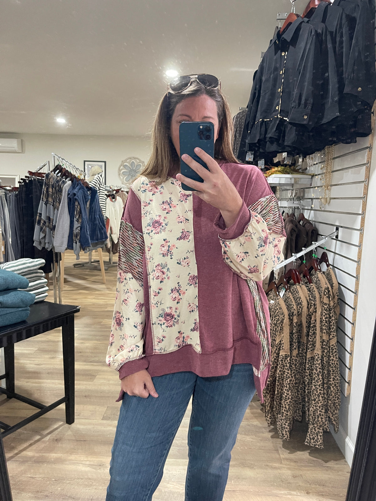 BURDUNDY/TAUPE Round Neck Oversized Loose Fit Pullover Top Featuring Mixed Fabric Paneling