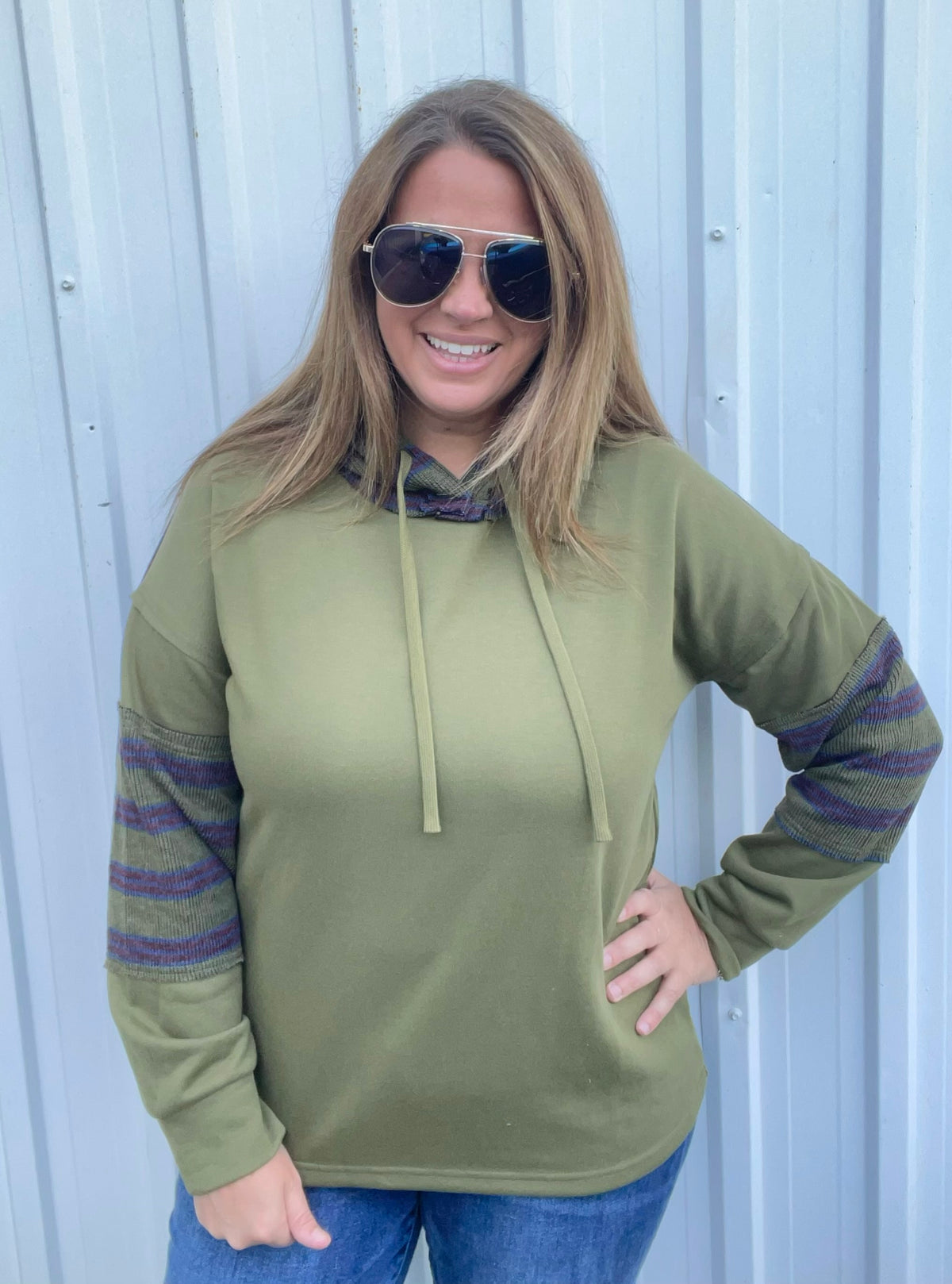 OLIVE Raw Edge Detail, Drawstring Hood, French Terry PULLOVER