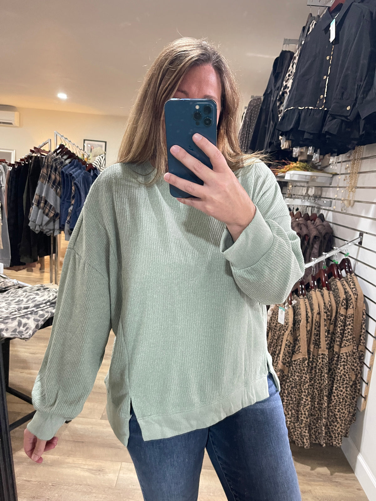 SAGE KNIT LONG SLEEVE TOP W/ FRONT SLIT