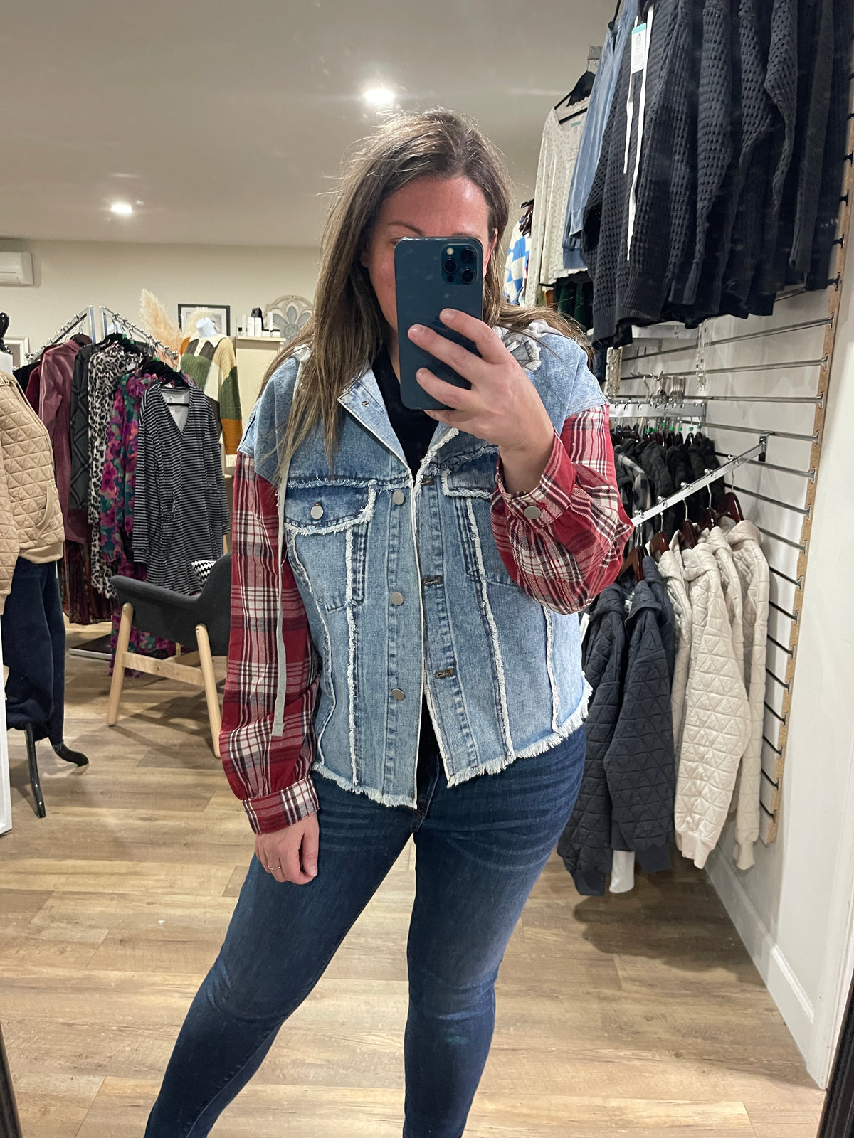DENIM JACKET W/ PLAID SLEEVES AND REMOVEABLE HOOD