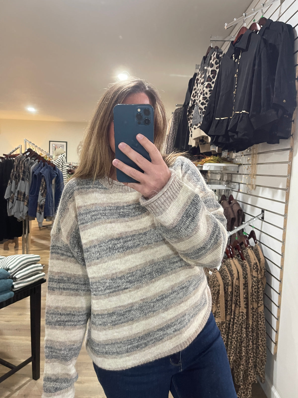 Light Mocha Heathered Multi-Stripe Raw Edge Knit Sweater
