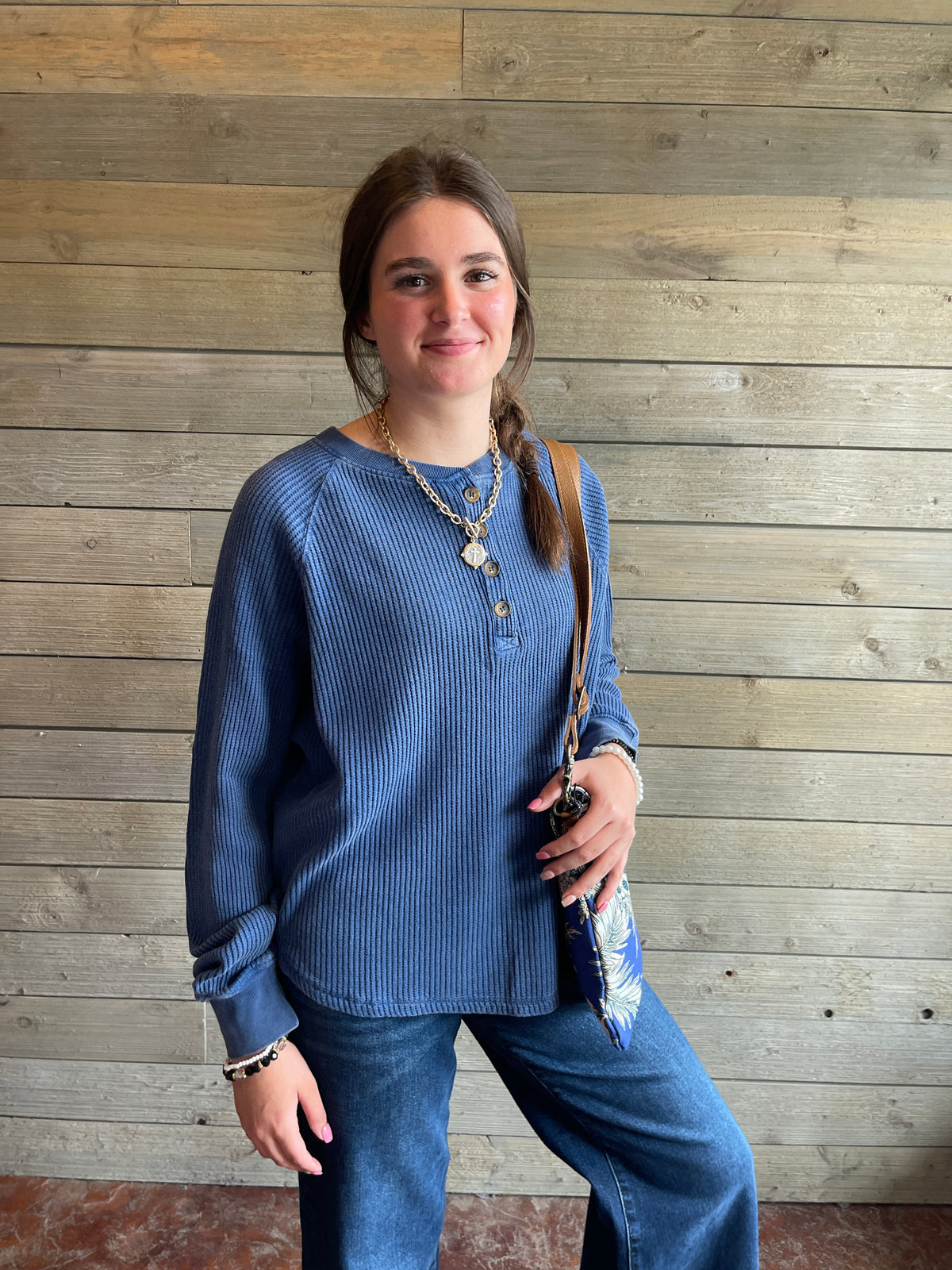 NAVY RIBBED TEXTURED HALF BUTTON TOP