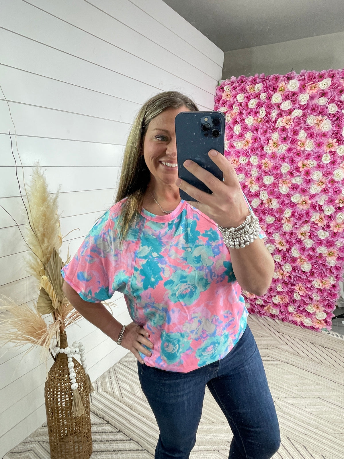 NEON PINK FLORA KNIT TOP