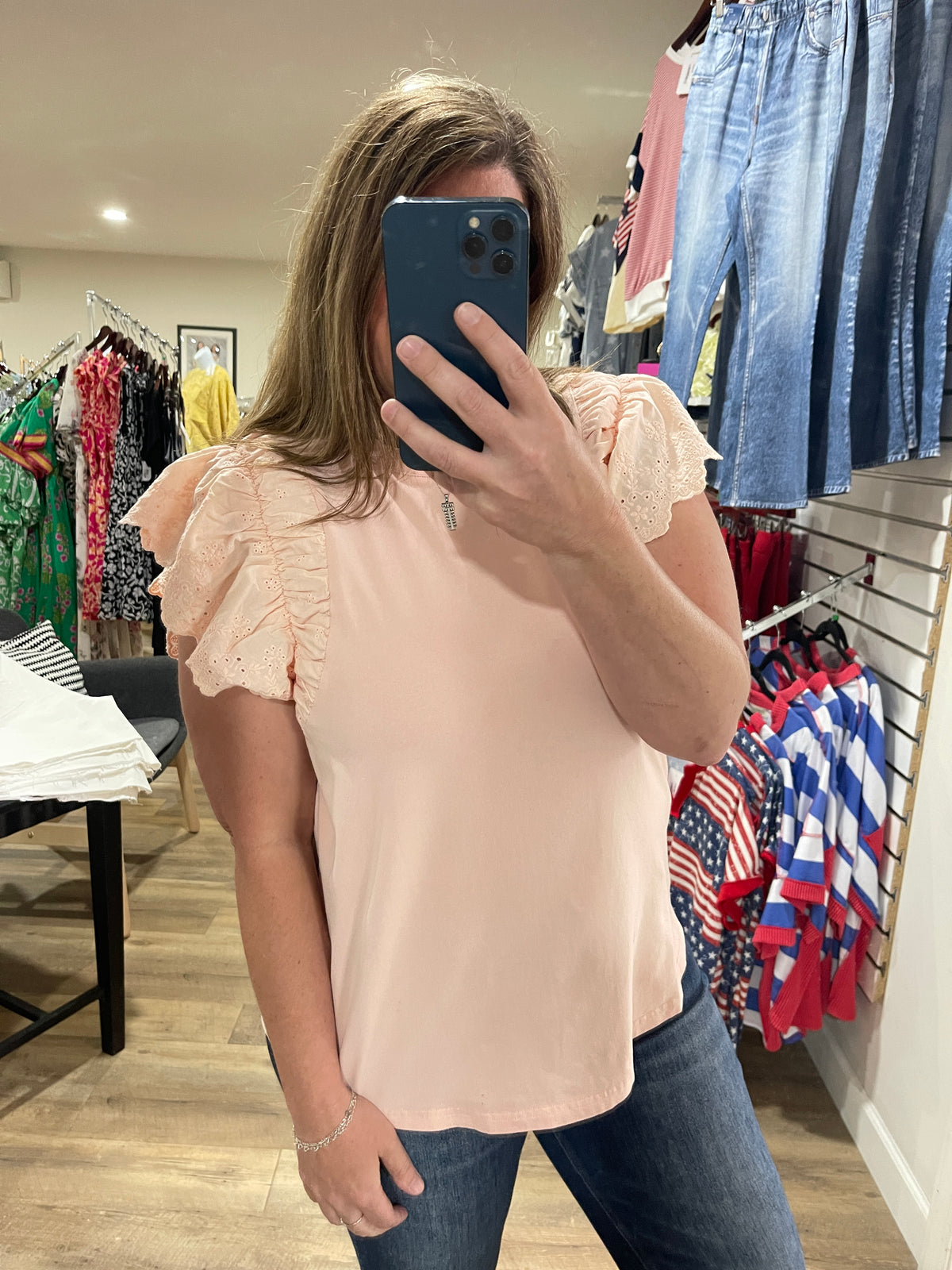 BLUSH KNIT CROCHET RUFFLE SLEEVE SHORT SLEEVE TOP