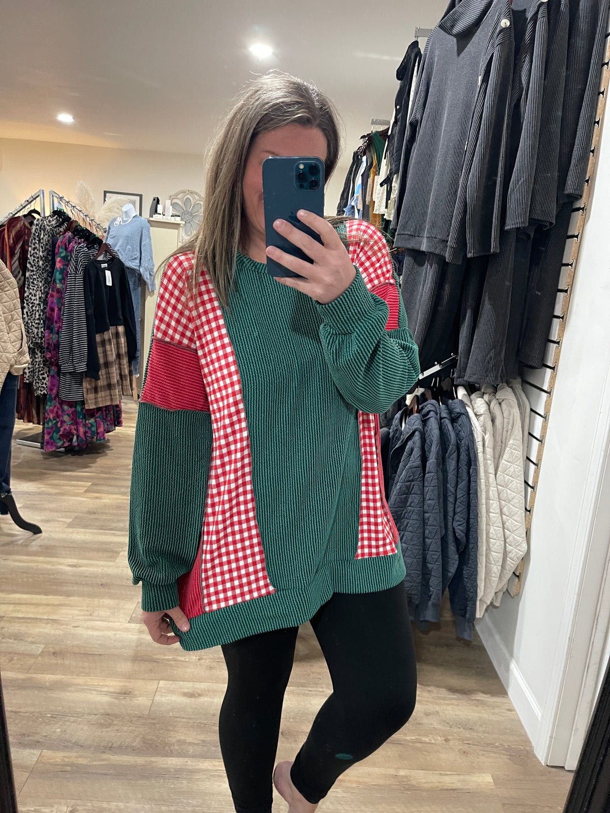 HUNTER GREEN/RED CHECK/ RED RAISED RIBBED OVERSIZED CONTRAST KNIT TOP