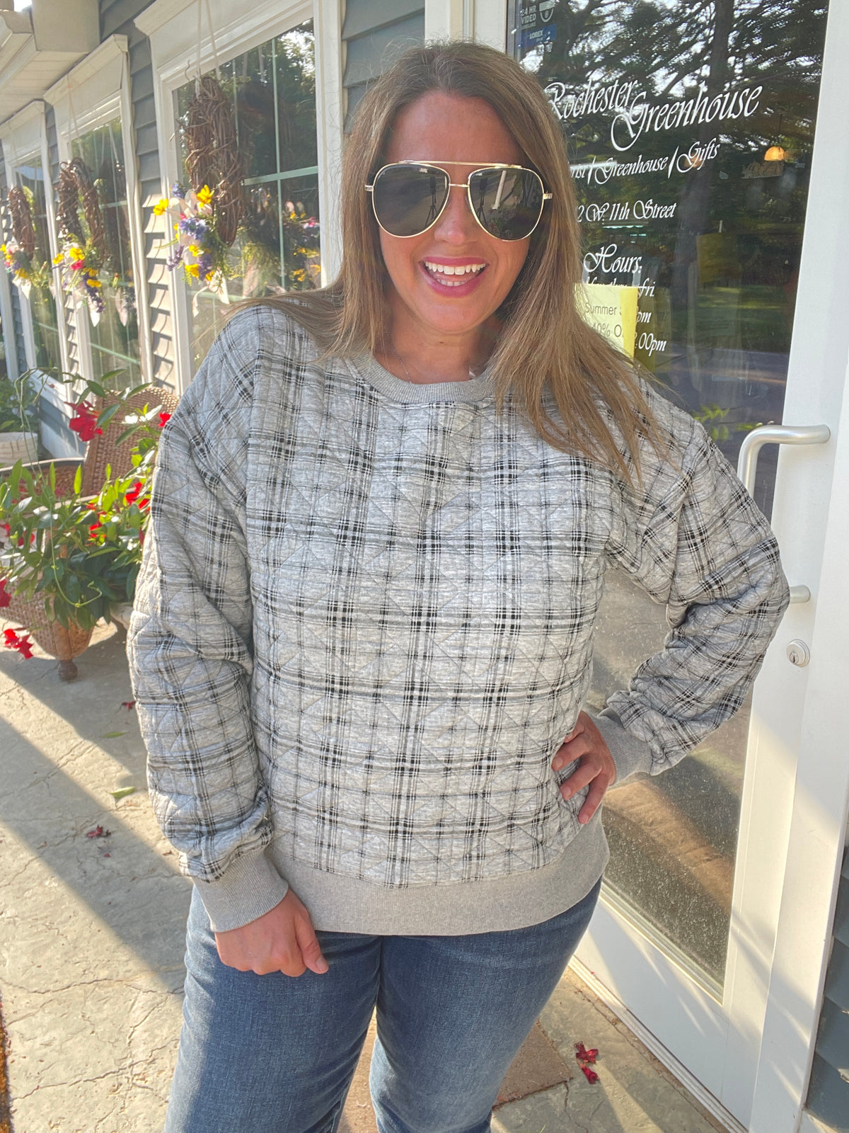 H GREY Printed Quilted Pullover Crew Neck Knit Top, Rib Banded PULLOVER