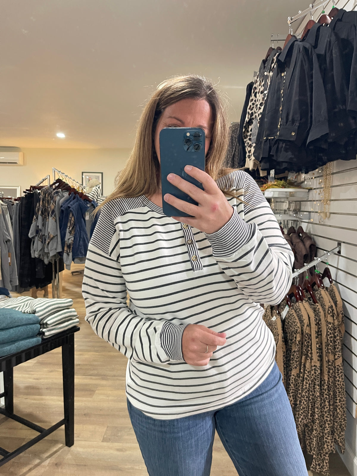 Ivory/Charcoal Half Button Long Sleeve Stripe Mixed Terry Top
