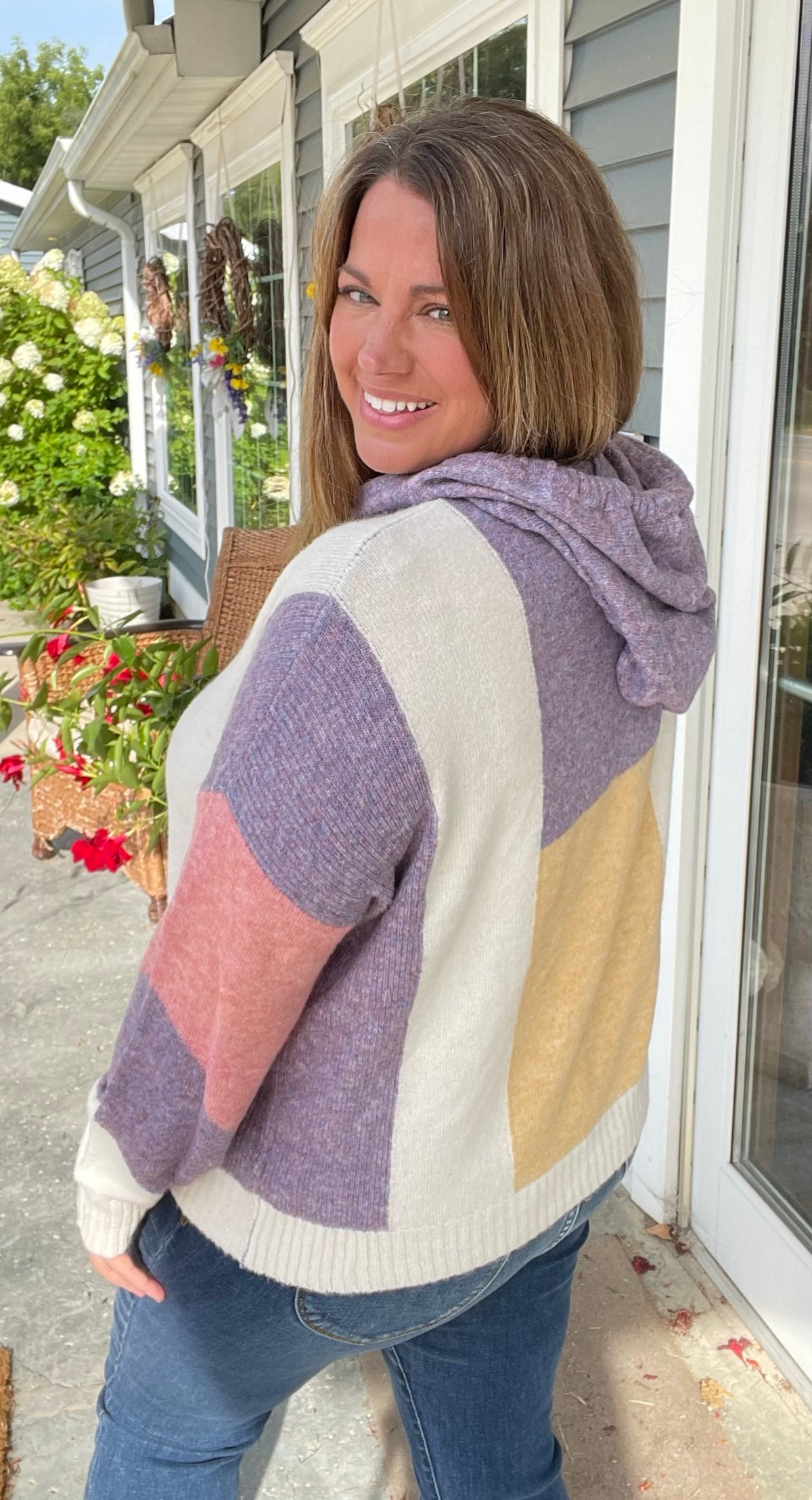 LAVENDER/PINK Multi Color Block, Hoodie, Kangaroo Pocket, Pullover Light Weight Sweater