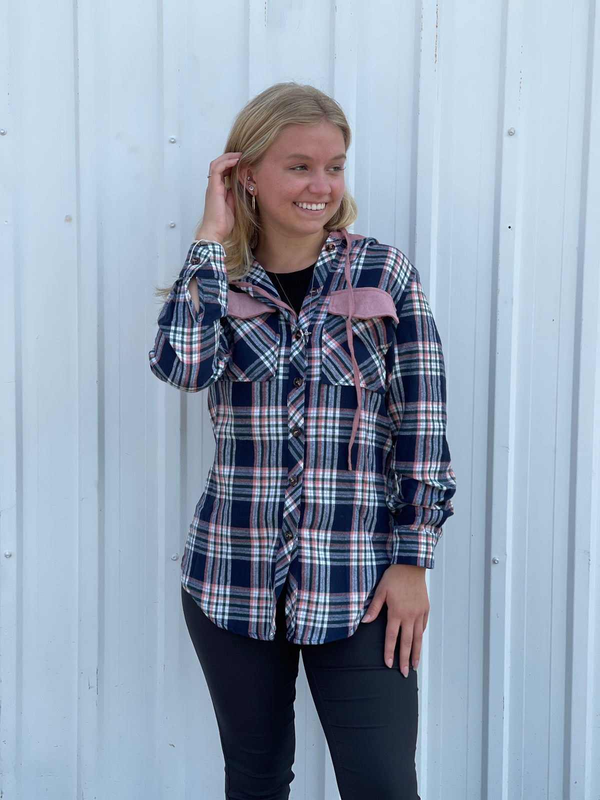 MAUVE/NAVY PLAID CONTRAST LIGHT WEIGHT HOODED SHACKET