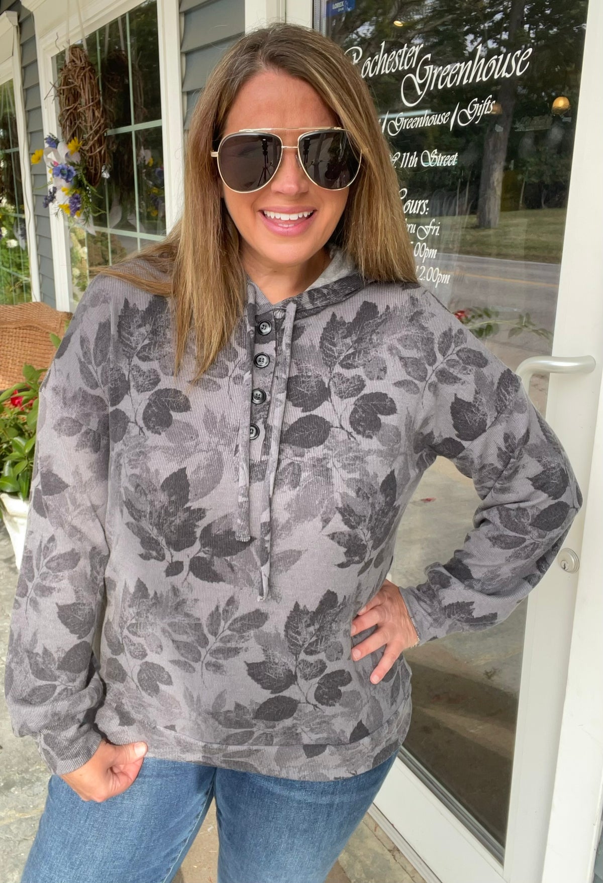 GREY Half Button, Long Sleeve, Floral Printed Drawstring Light Weight Hoodie