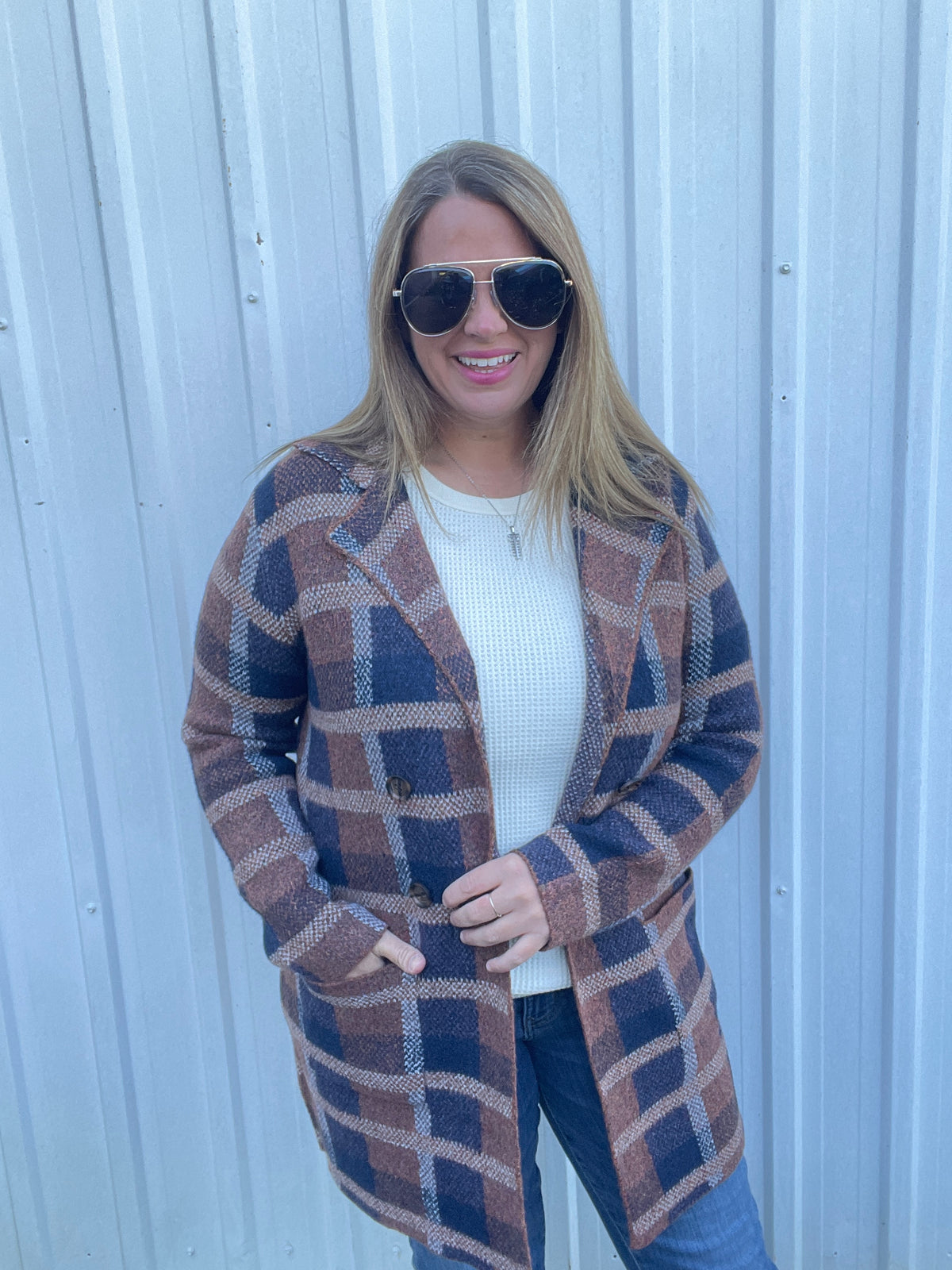COPPER/ NAVY Check Jacquarded, Tailored Collar CARDIGAN