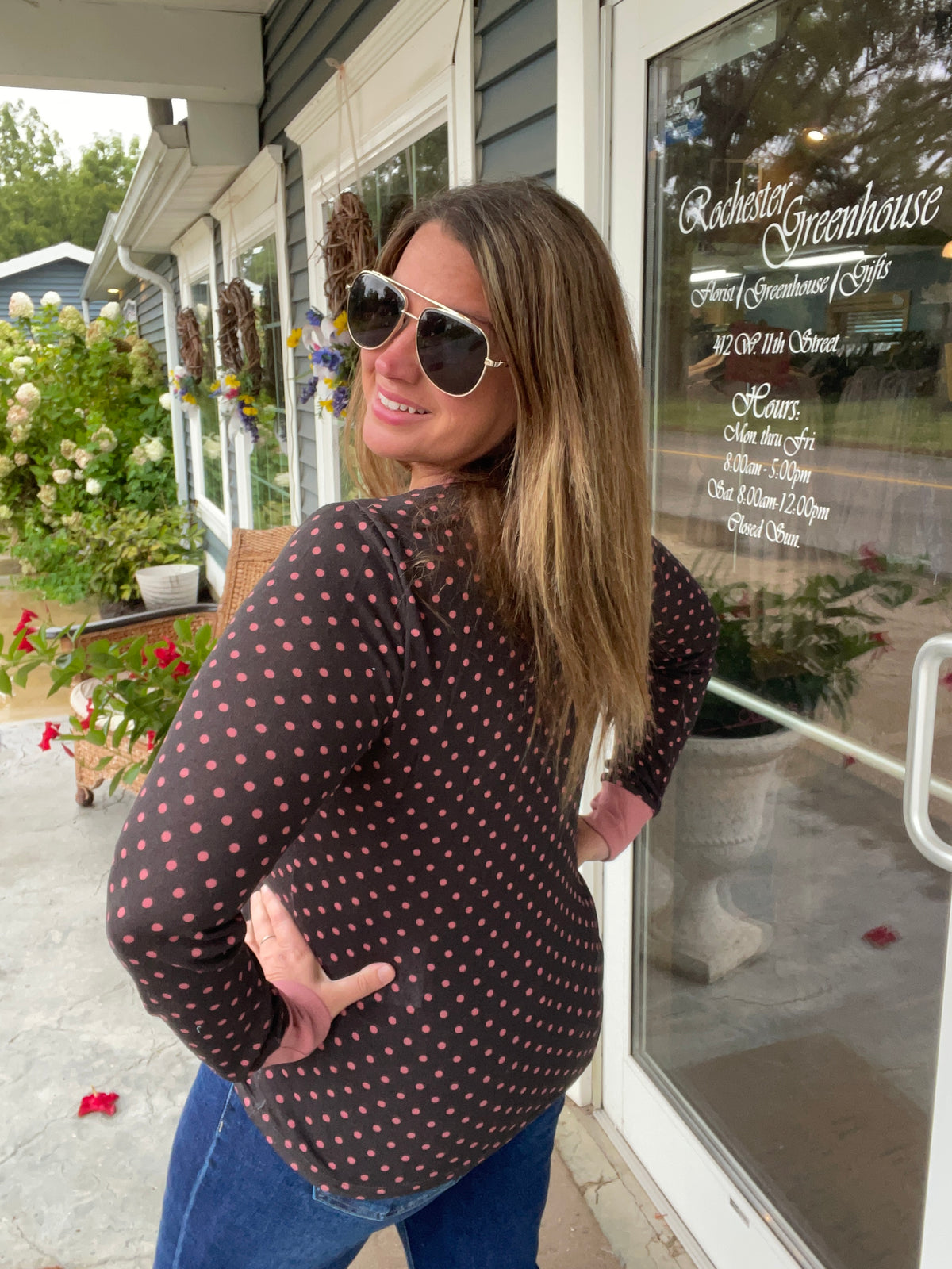 BROWN/PINK Crew Neck, Long Sleeve, Polka Dot Printed Hacci Top