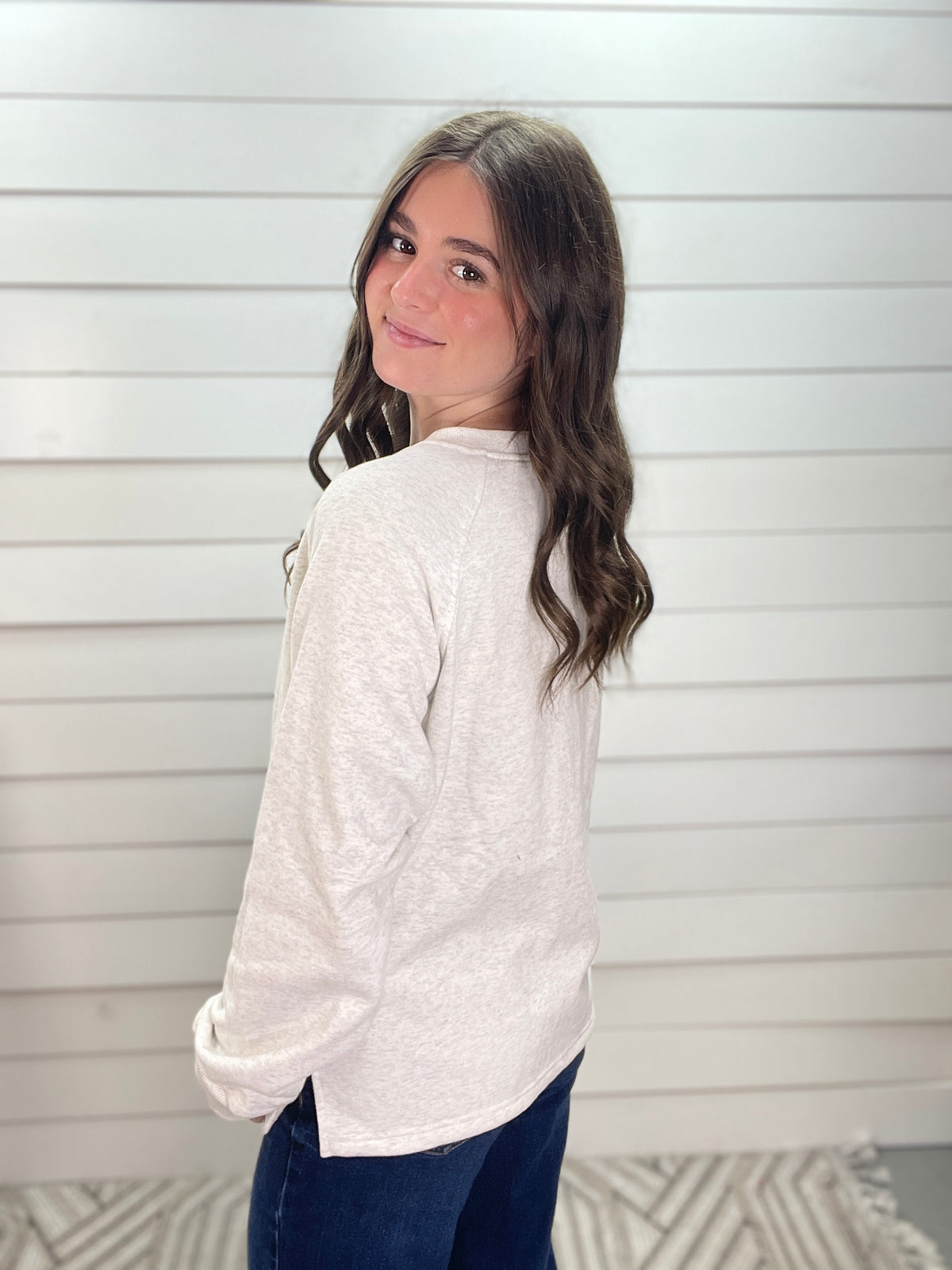 ASH GREY Half Snap Button Neck Long Sleeve Brushed French Terry Sweatshirt With Side Slits