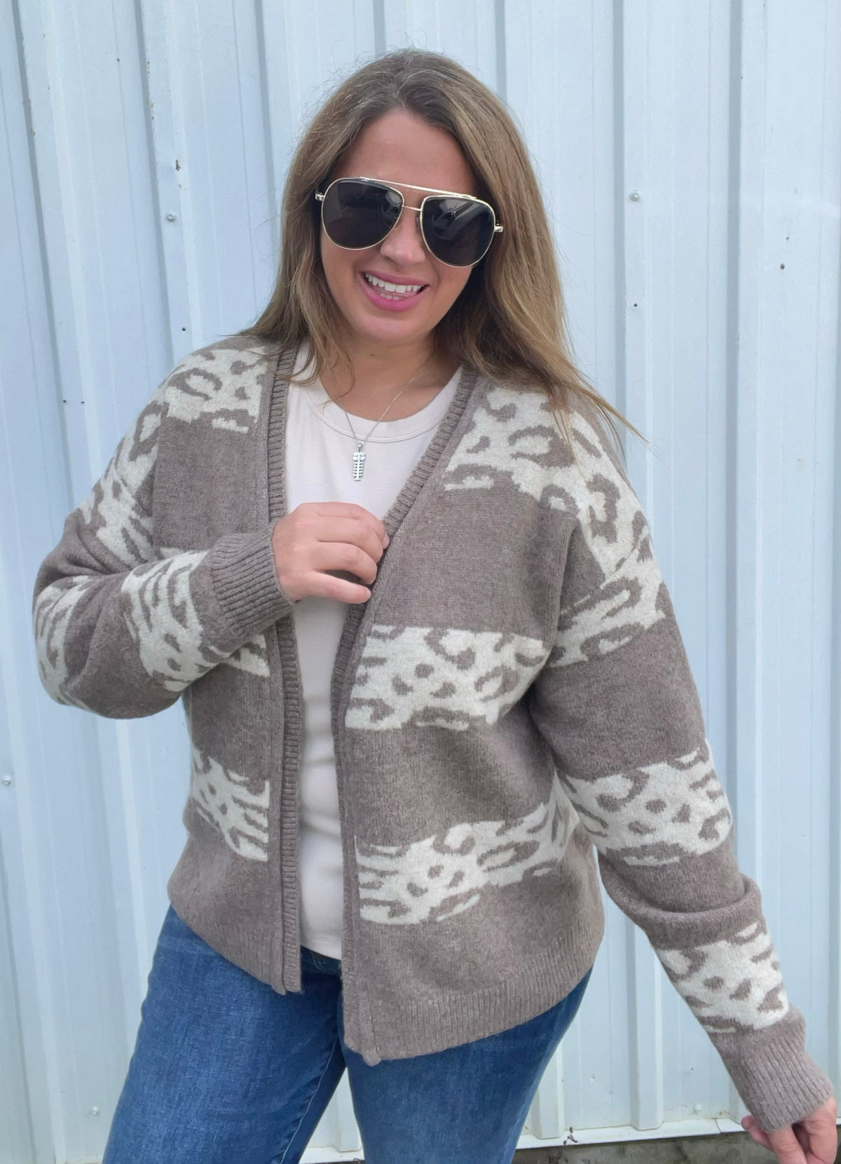 LT MOCHA Leopard Stripe Color Blocked, Open Front SWEATER CARDIGAN
