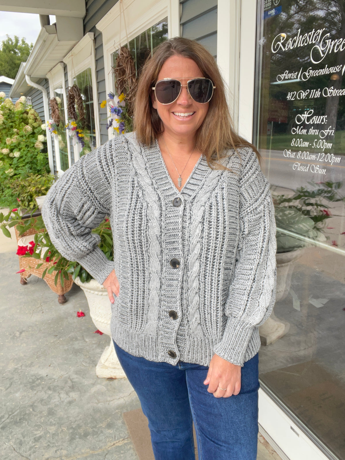 GREY V Neck Button Down Oversized Loose Fit Long Sleeve Two Tone Cable Chunky Sweater