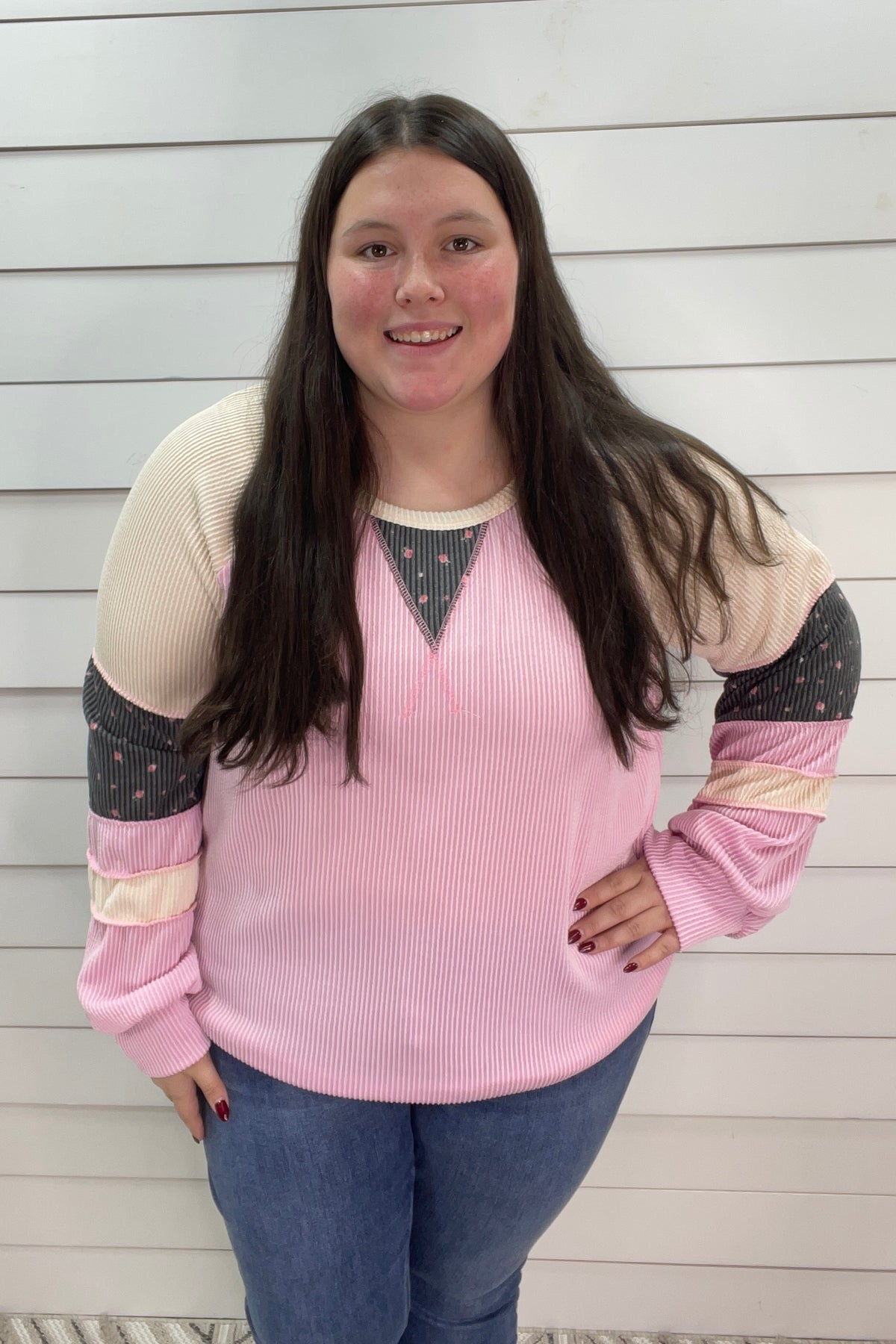 PINK RAISED RIBBED COLORBLOCK/FLORAL SLEEVE KNIT TOP