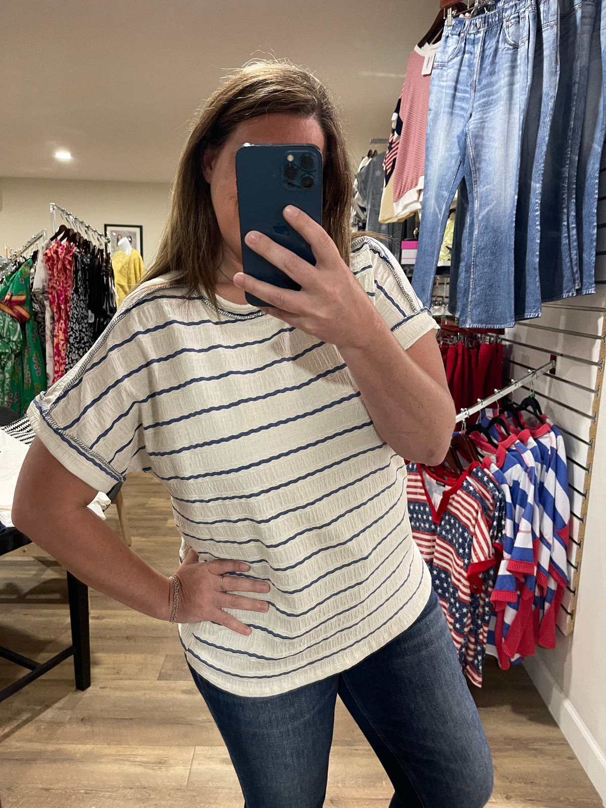 CREAM/BLUE STRIPED TEXTURED KNIT TOP