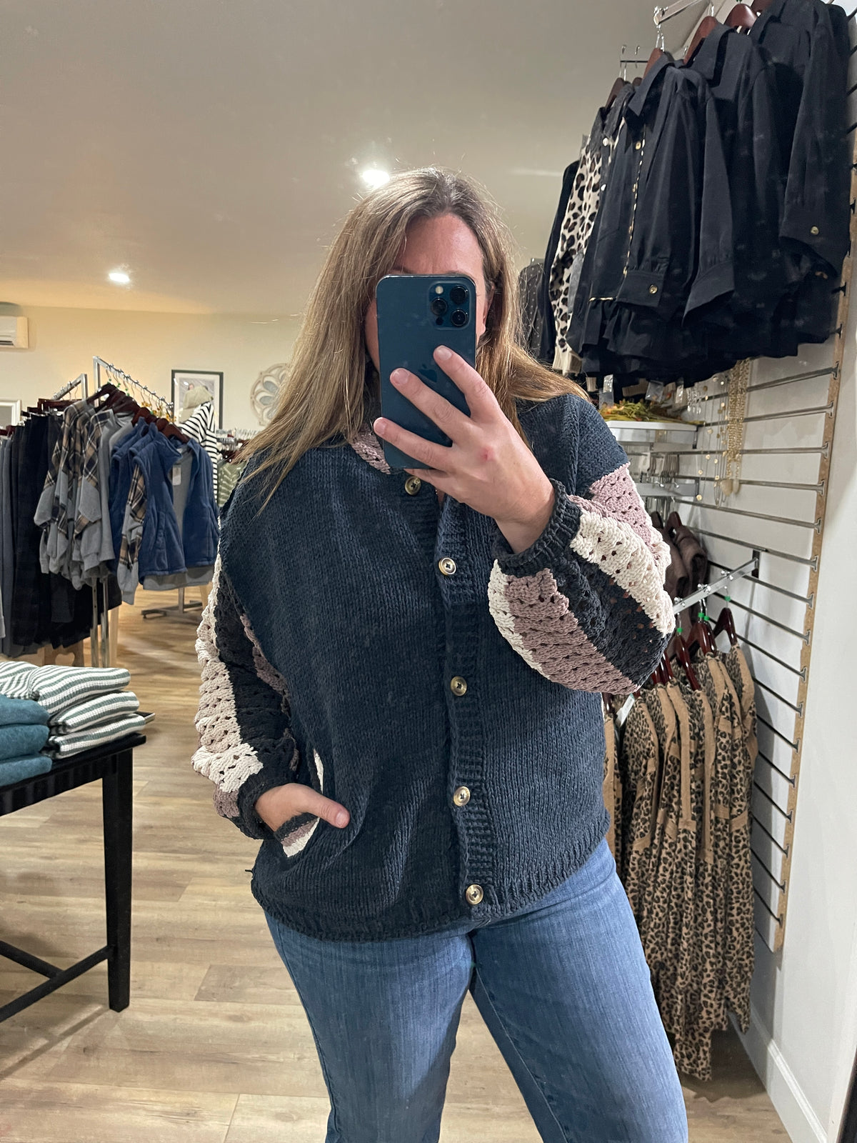 NAVY BUTTON KNIT SWEATER W/ OPEN KNIT COLORBLOCK SLEEVES