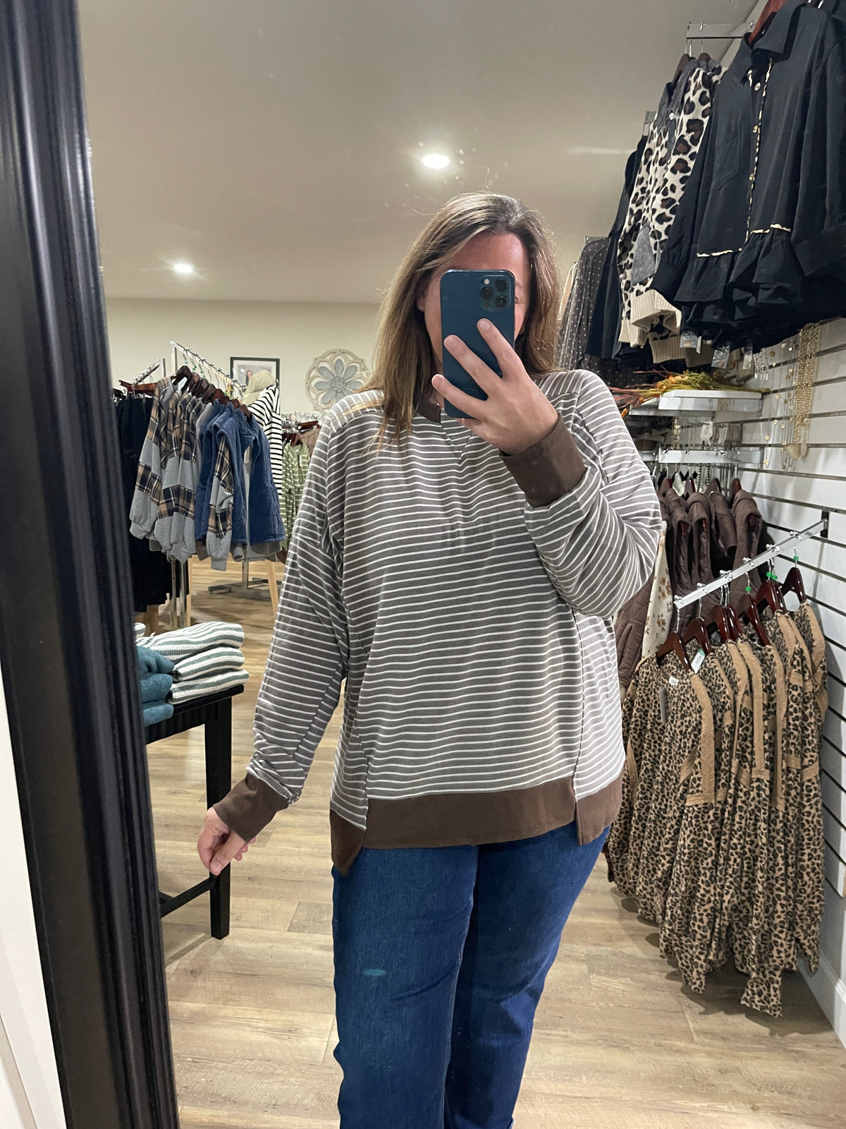 BROWN Drop Shoulder Long Sleeve Loose Fit Yarn Dye Stripe Knit Top With Ribbed trim
